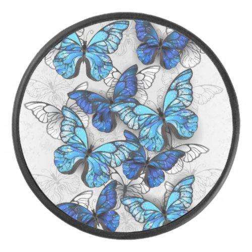 Composition of White and Blue Butterflies Hockey Puck