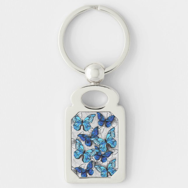 Composition of White and Blue Butterflies Keychain (Front)