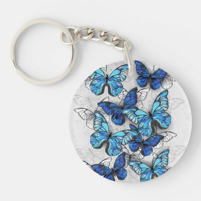 Composition of White and Blue Butterflies Keychain (Front)