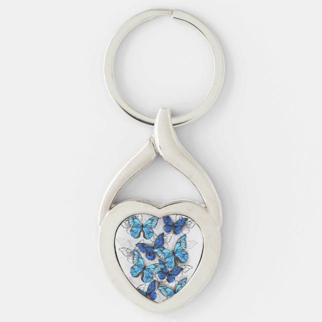 Composition of White and Blue Butterflies Keychain (Front)