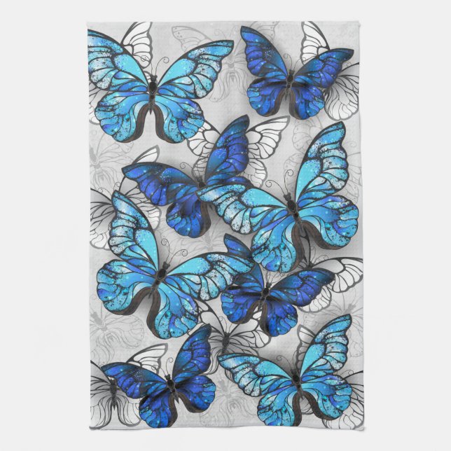 Composition of White and Blue Butterflies Kitchen Towel (Vertical)