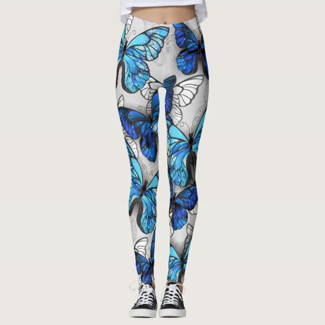 Composition of White and Blue Butterflies Leggings (Front)