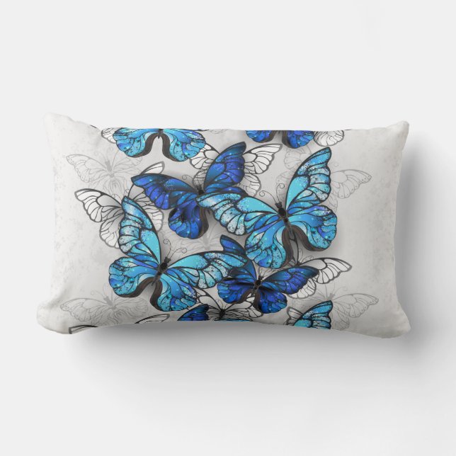 Composition of White and Blue Butterflies Lumbar Pillow (Front)