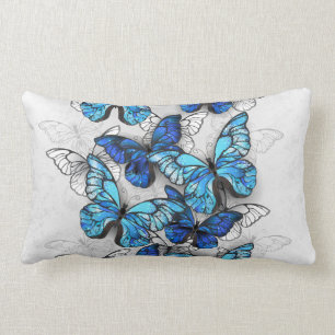 Composition of White and Blue Butterflies Lumbar Pillow