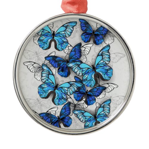 Composition of White and Blue Butterflies Metal Ornament
