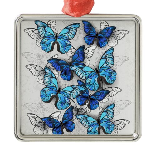 Composition of White and Blue Butterflies Metal Ornament