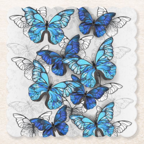 Composition of White and Blue Butterflies Paper Coaster