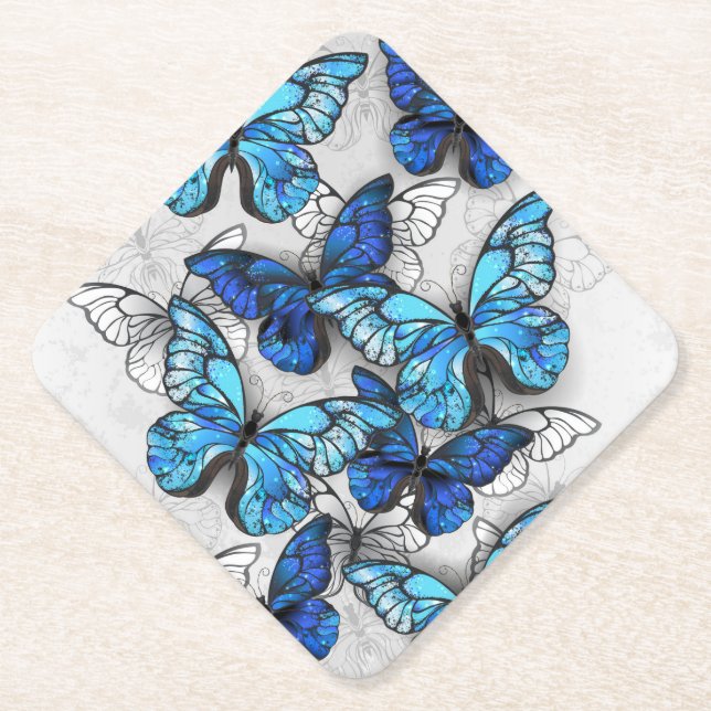 Composition of White and Blue Butterflies Paper Coaster (Front)