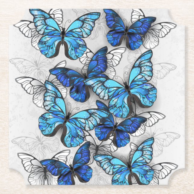 Composition of White and Blue Butterflies Paper Coaster (Front)