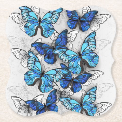 Composition of White and Blue Butterflies Paper Coaster