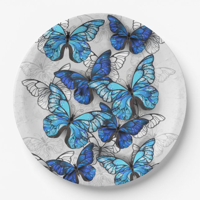 Composition of White and Blue Butterflies Paper Plates (Front)