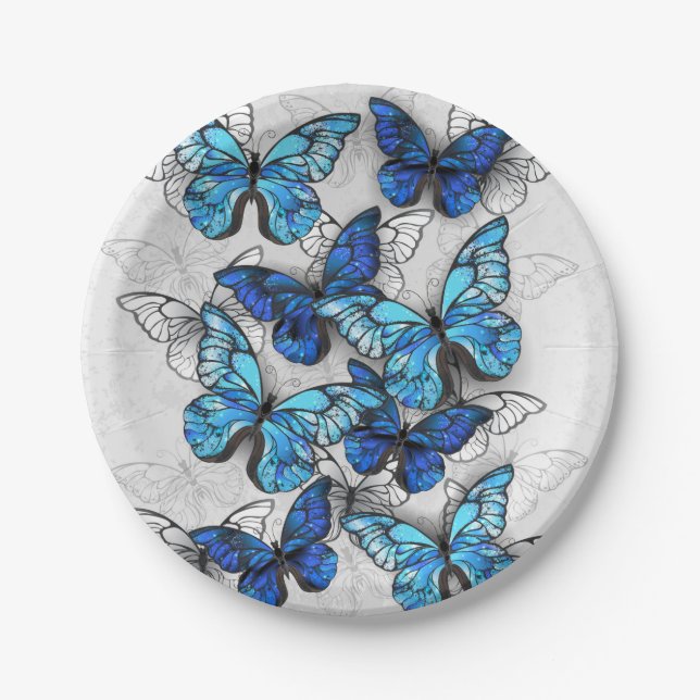 Composition of White and Blue Butterflies Paper Plates (Front)