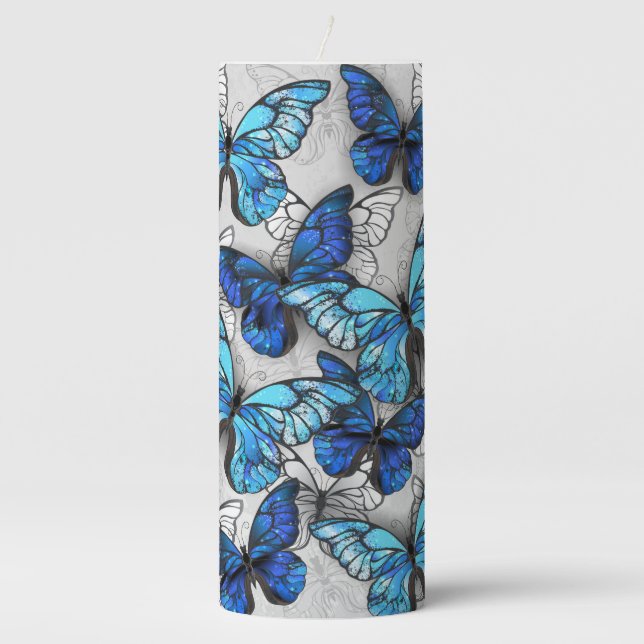Composition of White and Blue Butterflies Pillar Candle (Front)