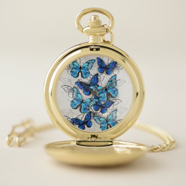 Composition of White and Blue Butterflies Pocket Watch (Inside)