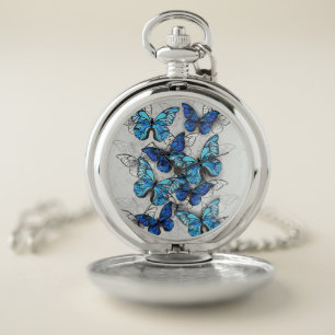 Composition of White and Blue Butterflies Pocket Watch