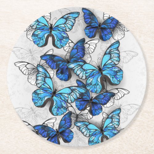 Composition of White and Blue Butterflies Round Paper Coaster