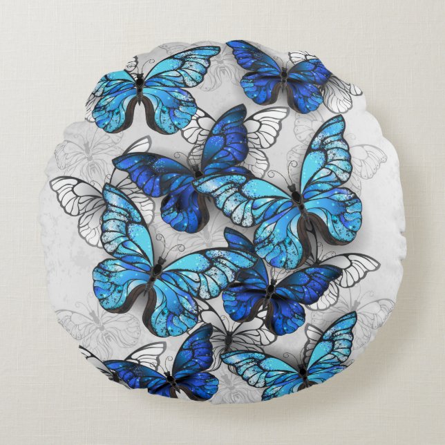 Composition of White and Blue Butterflies Round Pillow (Front)