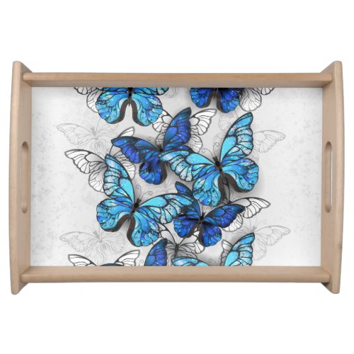 Composition of White and Blue Butterflies Serving Tray