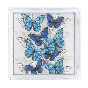 Composition of White and Blue Butterflies Silver Finish Lapel Pin