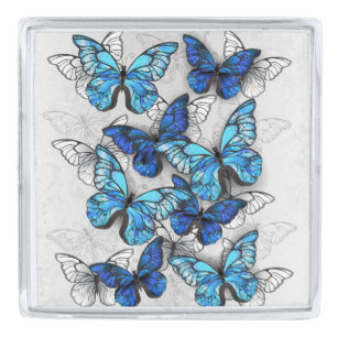 Composition of White and Blue Butterflies Silver Finish Lapel Pin