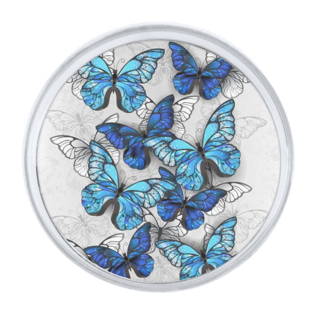 Composition of White and Blue Butterflies Silver Finish Lapel Pin (Front)