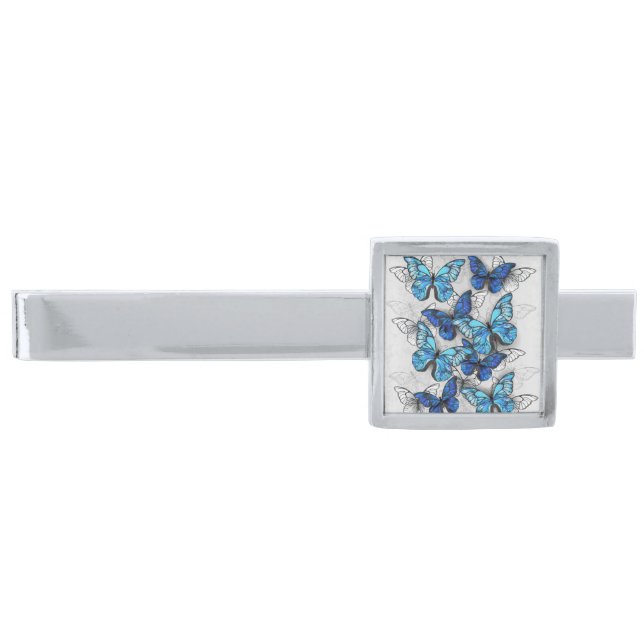 Composition of White and Blue Butterflies Silver Finish Tie Bar (Front)