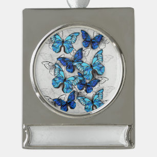 Composition of White and Blue Butterflies Silver Plated Banner Ornament