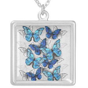 Composition of White and Blue Butterflies Silver Plated Necklace