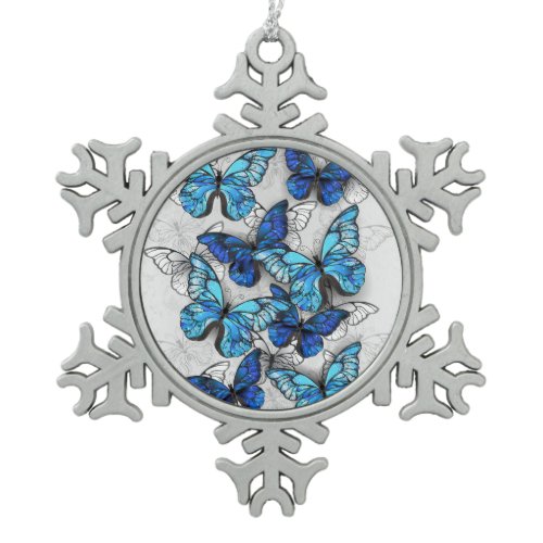 Composition of White and Blue Butterflies Snowflake Pewter Christmas Ornament
