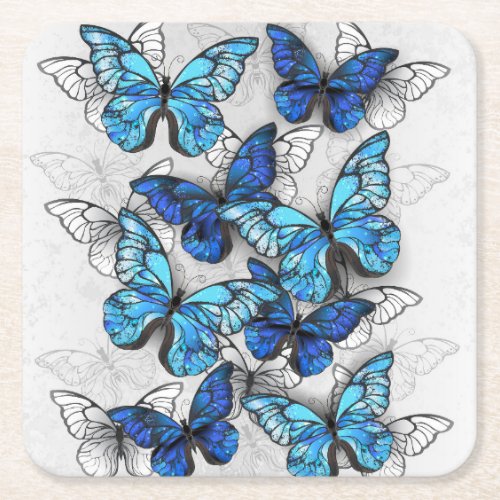 Composition of White and Blue Butterflies Square Paper Coaster