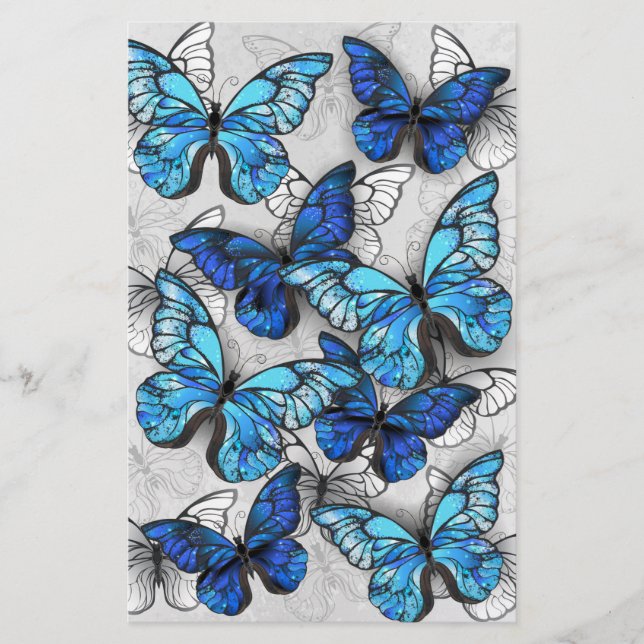 Composition of White and Blue Butterflies Stationery (Front)
