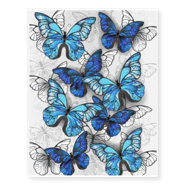 Composition of White and Blue Butterflies Temporary Tattoos (Front)