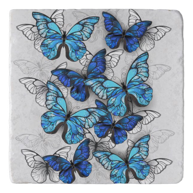 Composition of White and Blue Butterflies Trivet (Front)