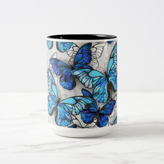 Composition of White and Blue Butterflies Two-Tone Coffee Mug (Center)