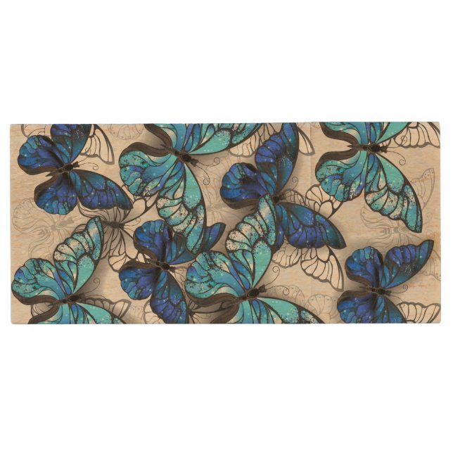 Composition of White and Blue Butterflies Wood Flash Drive (Front)