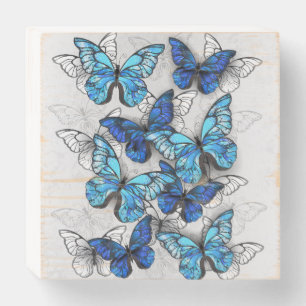 Composition of White and Blue Butterflies Wooden Box Sign