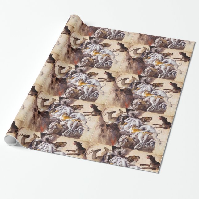 COMPOSITION WITH ANIMALS,REARING HORSES,DEERS,DOGS WRAPPING PAPER (Unrolled)