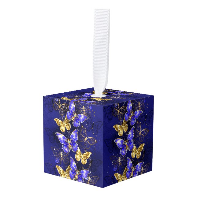 Composition with Sapphire Butterflies Cube Ornament (Front Angled)