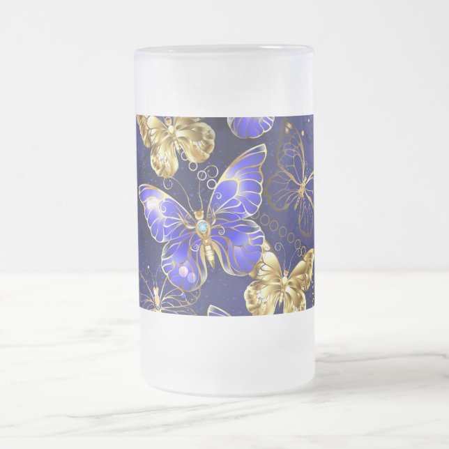 Composition with Sapphire Butterflies Frosted Glass Beer Mug (Center)