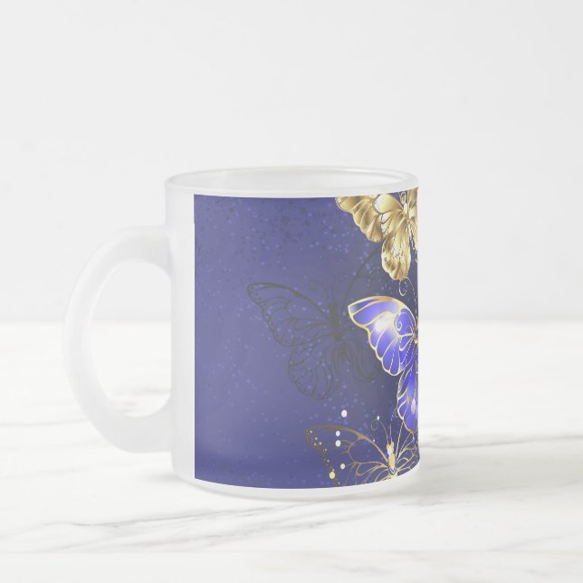 Composition with Sapphire Butterflies Frosted Glass Coffee Mug (Left)
