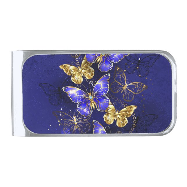 Composition with Sapphire Butterflies Silver Finish Money Clip (Front)