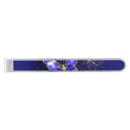 Composition with Sapphire Butterflies Silver Finish Tie Bar