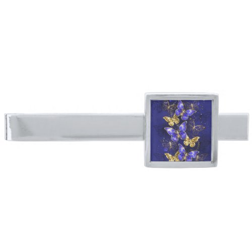 Composition with Sapphire Butterflies Silver Finish Tie Bar