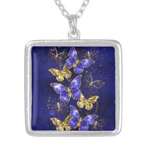 Composition with Sapphire Butterflies Silver Plated Necklace