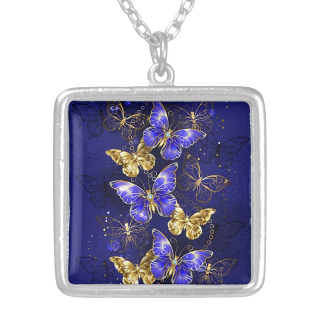 Composition with Sapphire Butterflies Silver Plated Necklace (Front)