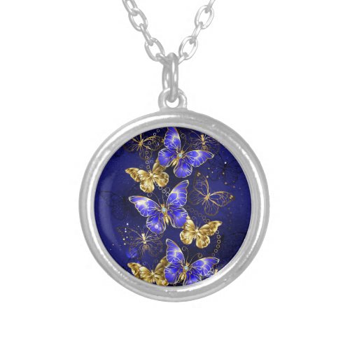 Composition with Sapphire Butterflies Silver Plated Necklace