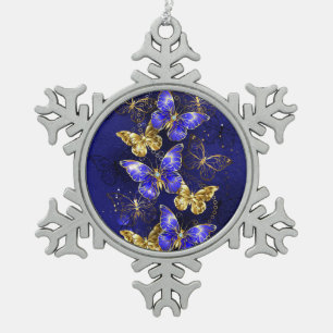Composition with Sapphire Butterflies Snowflake Pewter Christmas Ornament