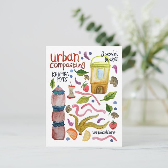 Composting Watercolor Art Handlettered Eco Recycle Postcard (Standing Front)