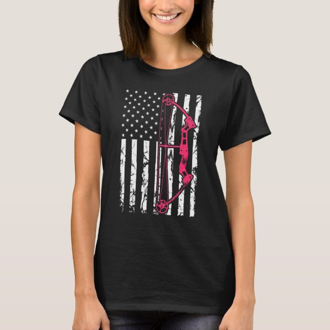 Compound Bow Archery USA American Flag Bowhunting  T-Shirt (Front)