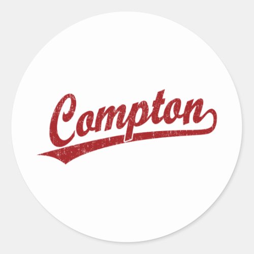 Compton script logo in red classic round sticker